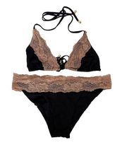 Beach Bunny Black Tan Lady Lace Bikini Bathing Suit Sz M