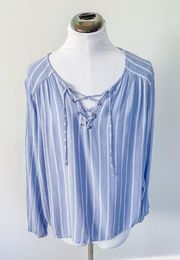 Pink Republic Blue Striped Blouse with Lace Up Front