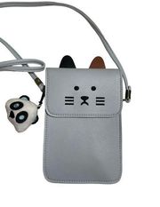 EUC Cat Lanyard Crossbody Light Grey w/ Brown & Black Ears & Squishmallow Charm