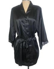 Fredrick's of Hollywood Black Satin Short Robe with Lace Detailing SZ L