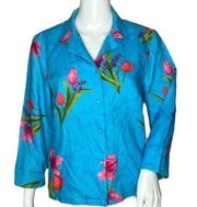 Talbots Shirt Women 12 Blue Pink Floral Button Up Linen V-Neck Deadstock Vintage