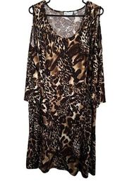 Susan Graver Dress Size 2X Animal Print Cold Shoulder Midi Brown Tan Ivory