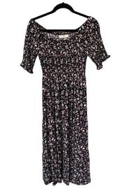 Natural Life Daisy Tiered Midi Dress in black floral M