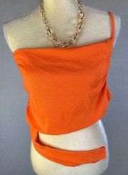Women's Orange One Shoulder Strap Halter Top Shirt