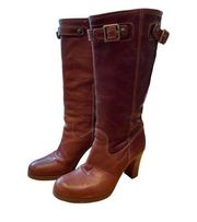 Coach Maxene Knee‎ High Heeled Boots Whiskey Brown Size 7 B Q262 Buckle Italy