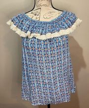 ROBERTA ROLLER RABBIT Lucia Fringe Off Shoulder Top Blue Tile Print sz S