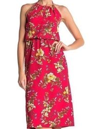 VELVET TORCH Red Yellow Green Tropical Floral Halter A-Line Midi Dress Small SM