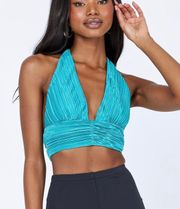 Princess Polly teal ribbed halter crop top