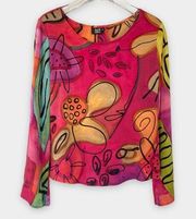 Iro Designs Blouse Womens Small 100% Silk Hand Painted Abstract Art to‎ Wear