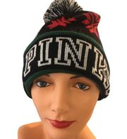 Pink Victoria’s Secret Stocking Cap Beanie Pom Pom Spelled Out Logo Black Red OS