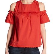 Democracy Red Cold Shoulder Ruffle Yoke Blouse Top With Flutter Sleeves Size L