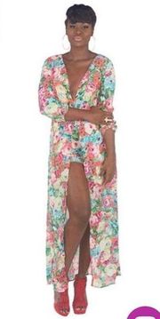 XTaren Romper Floral Maxi Deep V Dress Size L NWT