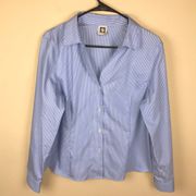 Anne Klein Women’s Blue White Striped V-Neck Button-Up Long Sleeve Shirt