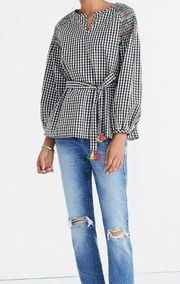 | Black & White Gingham Rainbow Embroidered Peasant Top | Size S