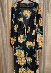 Forever 21  Plus Size Black Golden Yellow Floral Chiffon Maxi Dress 3X