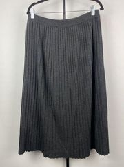 Vintage  Gray 100% Merino Wool Rib Knit Pleated Pull On Midi Skirt Sz LP