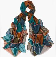 Chico’s Multicolor Diamond Print Patchwork Pom Pom Rectangular Scarf