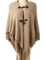 Ferand Tan Brown Western Shawl Wrap Cover Top Fringe Open Poncho NEW Tags