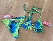 Boohoo Tropical Triangle Frill Bikini Top and Tie Waist Hipster Bikini Bottoms