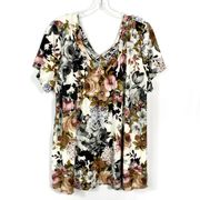 Try This! Cream Off White Floral Short Sleeve Strappy Neck Blouse Top Plus Size