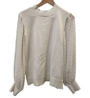 CECE Mock Neck Knit Sweater Sheer Swiss Dot Detail on Sleeves White Sz M