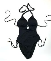 Bar III BLACK Solid Cutout One-Piece Swimsuit