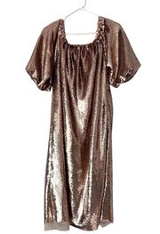 ULLA JOHNSON Fox Off Shoulder Lurex Sequin Midi Dress in Rose Gold Sz 8