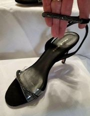 Pelle Moda Black Roseli Rhinestone Suede Clear Vinyl Ankle Strap Stiletto Sz 7M