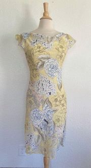 Vintage 90's B. Darlin Cowl Neck Yellow Floral Short Cap Sleeve Midi Dress