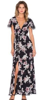 The Jetset Diaries Rosa Black Floral Chiffon Wrap Lace Up Maxi Dress Medium