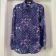 Garnet Hill Women's Silk Button Front Blouse Top Long Sleeve Size 6 Blue Purple