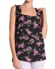 NEW PLEIONE ANTHROPOLOGIE Square Neck Smocked Tank Black Purple Green Floral Top