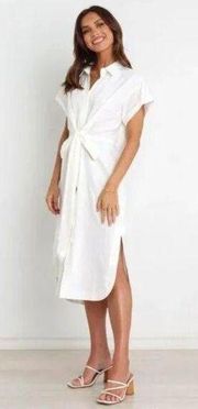 Petal & Pup Allison White Linen Button Front Tie Waist Midi Shirt Dress 6