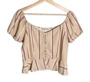 Puff Sleeve Crop Top Linen‎ Blend Stripe Ruffle Boho Womens Size L