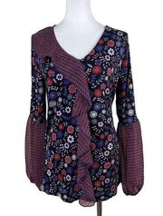 August Silk Women's Blouse MEDIUM Multicolor Floral Pattern Front Ruffles