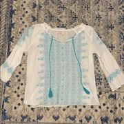 Fresh Produce White and Teal Peasant Top