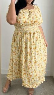 Haven & Hearts Retro Yellow Floral Puff Sleeve Smocked Waist Mod Maxi Dress