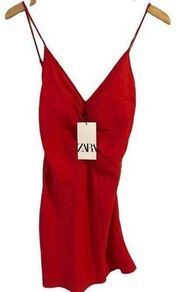 ZARA New  Ruched Flowy Strawberry Red Plunging V-Neck Tank Dress Size S