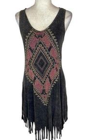 Vocal fringe rhinestone tank dress, size small acid wash aztec graphic boho midi