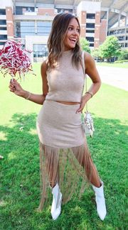 Tan Fringe Knit Sweater Skirt Set 