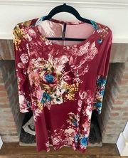 Bellamie Burgundy Wine Floral Scoop Neck Midi Dress size Medium