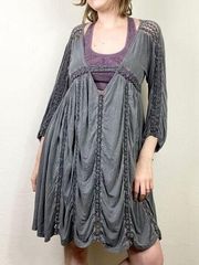 Vintage y2k Pol Grey Deep V Ladder Lace Grunge Fairy Long Sleeve Dress Size S