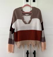 Color block Frayed Hem Stripped Knit Sweater