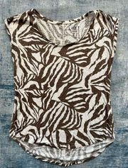 Ann Taylor Loft Brown White Abstract Zebra Pattern 100% Linen Short Sleeve Tee S