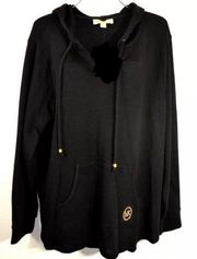 MICHAEL KORS Women’s Black V-neck Pullover Knit Hoodie Pocket Size 1X