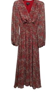 Bardot Dress Womens Sz 6 M Red Paisley Print Smocked Long Sleeve VNeck Maxi Boho