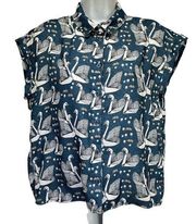 namaste greece button up short sleeve oragami paper crane blouse Size S