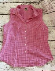 Anne Klein Red and White Gingham Plaid Sleeveless Button Up Blouse Large EUC