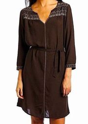 Lucky Brand Hudson Studded 3/4 Sleeve Dress Embroidered Tied Waist Belted Brown