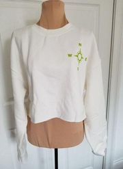 BP. Women's Ivory-Green Topo Graphic Sweatshirt Pullover Long Sleeve Crop Top S